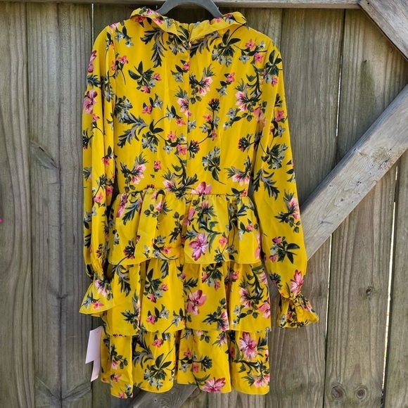 Avec Les Filles Marigold Mustard Yellow Floral Ruffle Detail Mini Dress - Picture 13 of 16